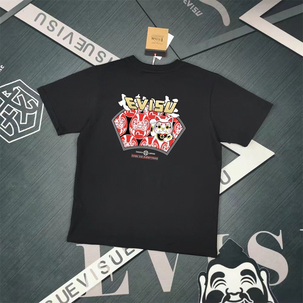 13391453968838795 Evisu 2025 Spring New Men's Buddha Head Seal Printed Short Sleeve T-shirt