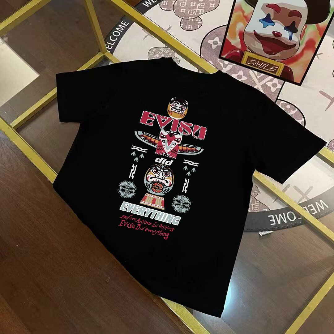 EV 2025 Spring New Products Men's Totem Pole Daruma Family Flower Letter Print Short Sleeve T-shirt