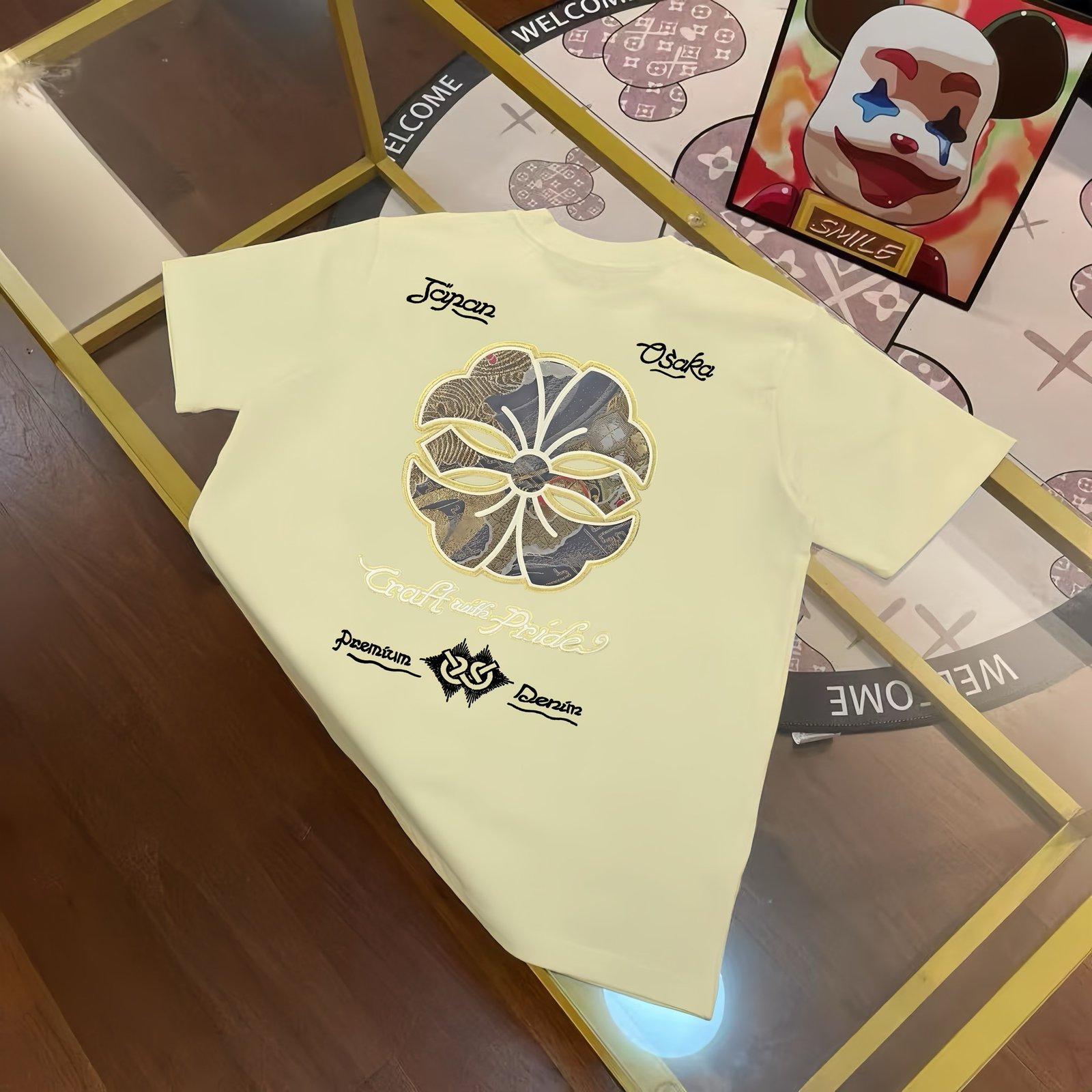 EVISU Fukushin 2025 Spring New Products Men's Logo and Family Flower Letter Printed Casual Loose Short Sleeves