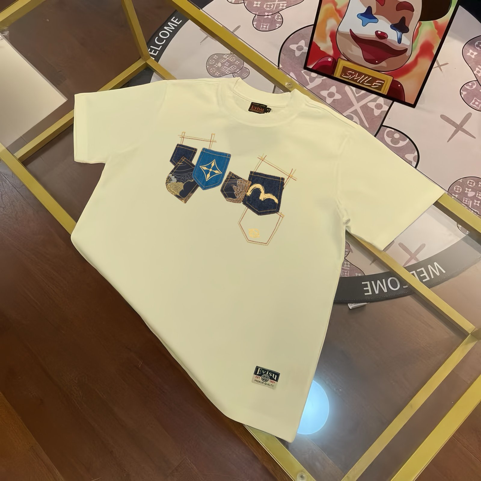 EVISU Fukushin 2025 Spring New Products Men's Seagull Multi-Pocket Kamen Printed Casual Loose Round Neck Short Sleeve T-Shirt