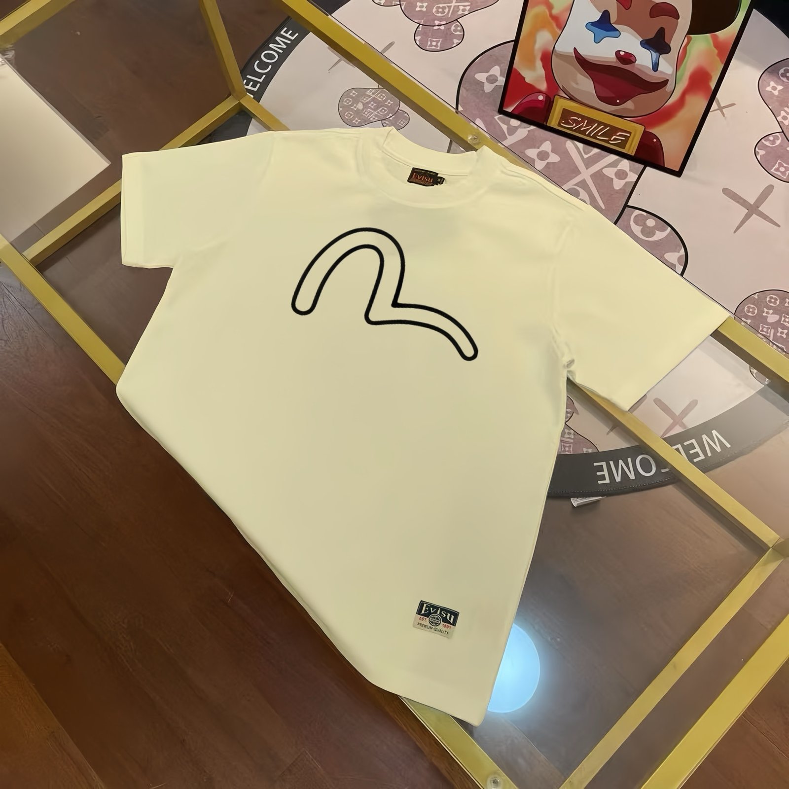 EVISU Fushen 2025 Early Spring Men's Chest Hollow Small M Seagull Printed Casual Simple Short Sleeve T-shirt