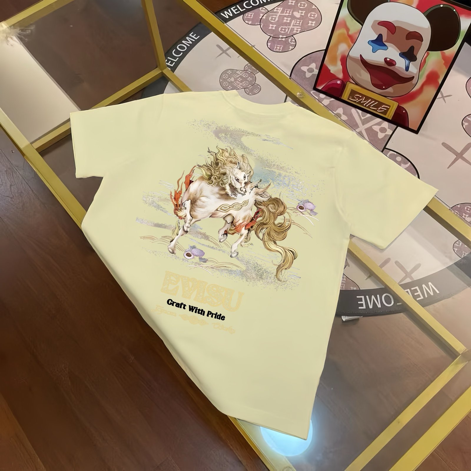 13391516836508167 EVISU Fukushin 2025 early spring new men's mythical beast Bai Ze printed casual short-sleeved T-shirt