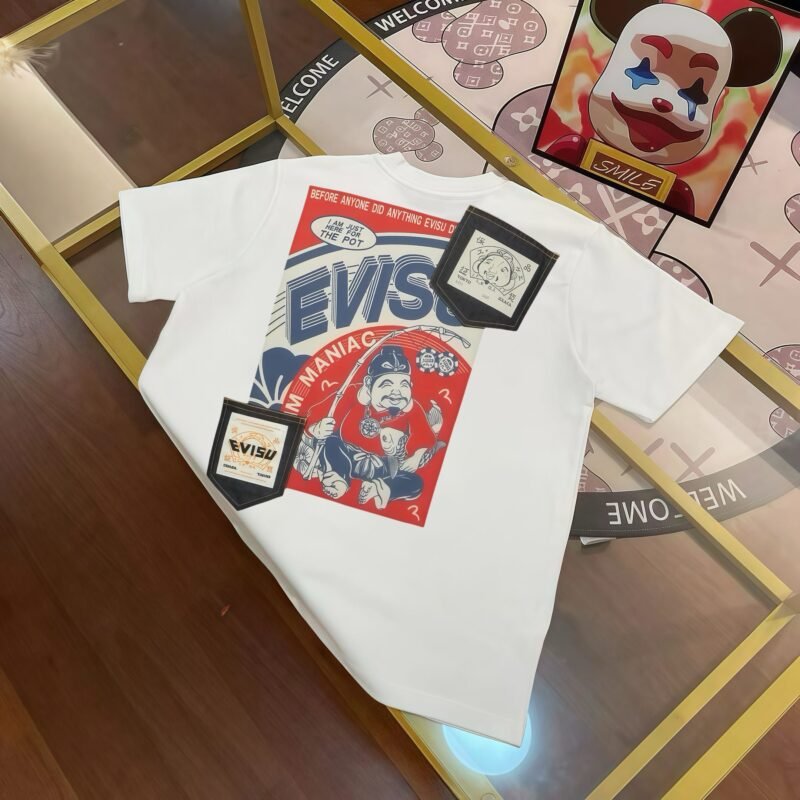 EVISU Fukushin 2024 Winter New Products Men's Buddha Head Fishing Pocket Print Short Sleeve T-shirt