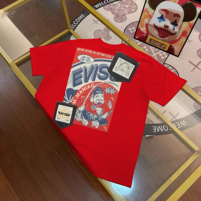 EVISU Fukushin 2024 Winter New Products Men's Buddha Head Fishing Pocket Print Short Sleeve T-shirt
